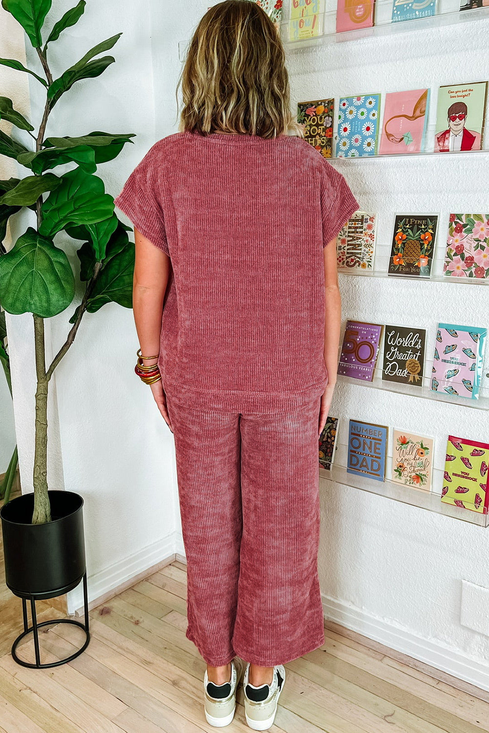 Mineral Wash Corduroy Short Sleeve And Crop Pants Set | Rose Pink