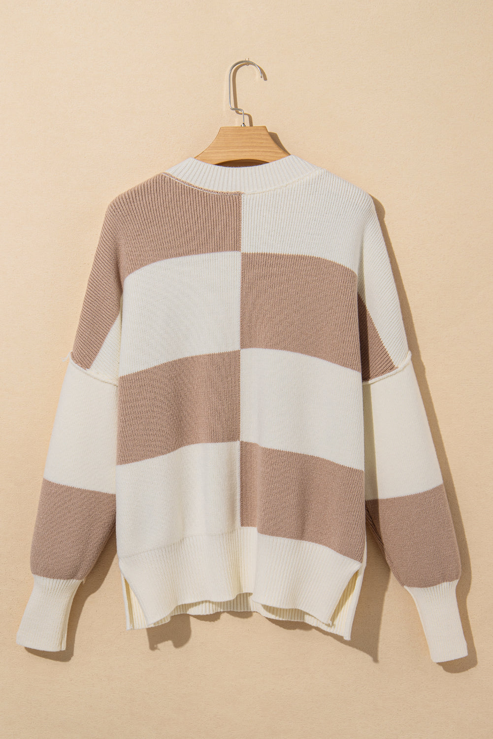 Checkered Side Slits Drop Shoulder Oversized Sweater | Khaki