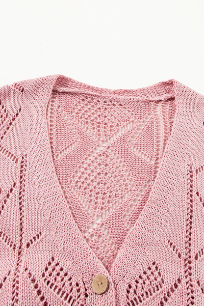 Open Knit Button-Up Plus Size Cardigan | Pink