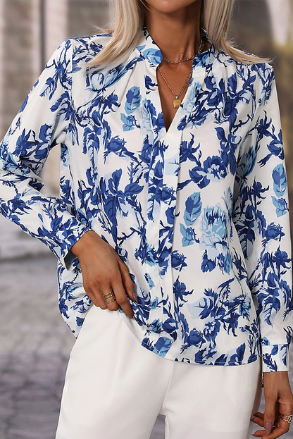 Floral Print Notched Neck Elegant Blouse | Sky Blue