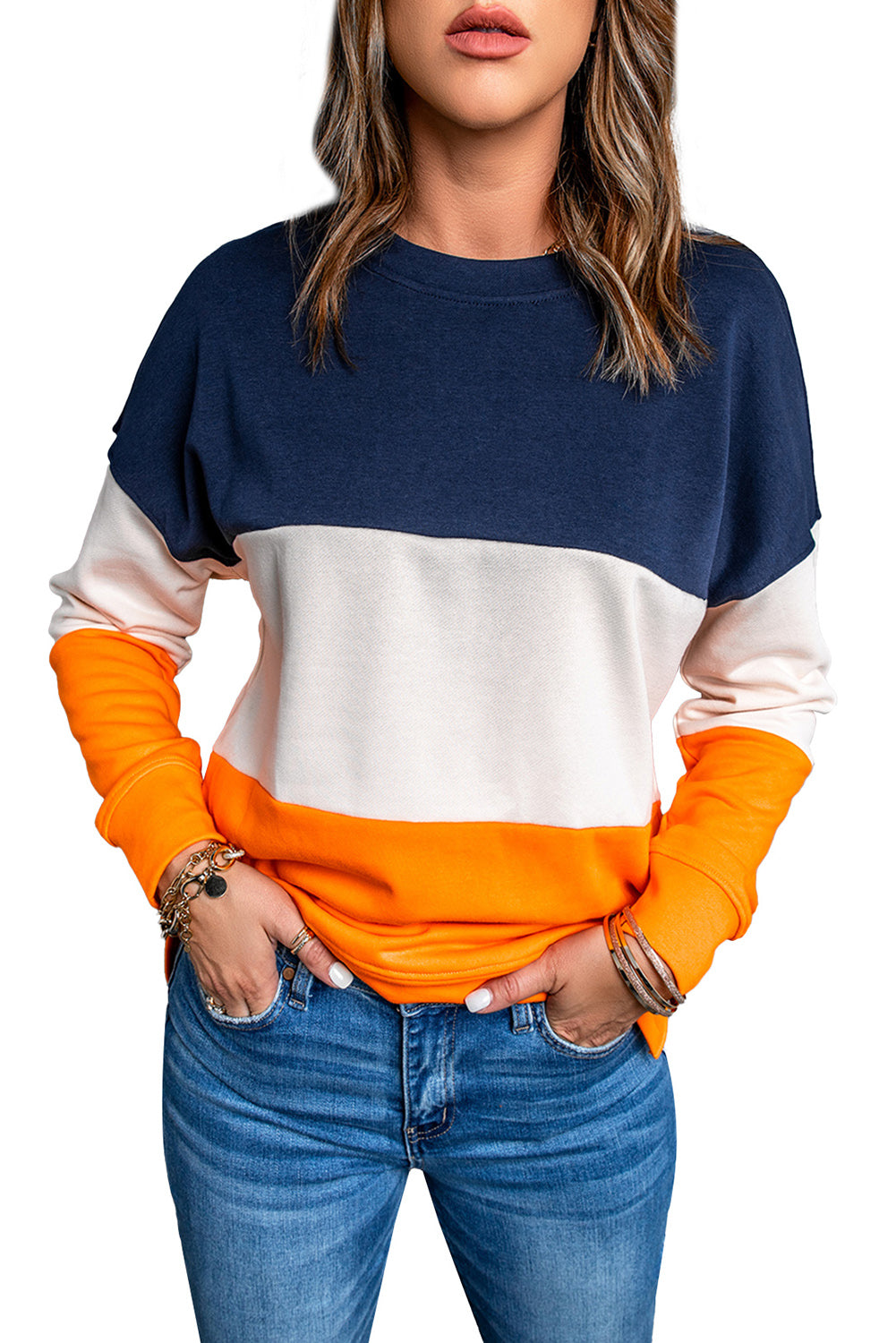 Colourblock  Contrast Stitching Sweatshirt With Slits | Orange