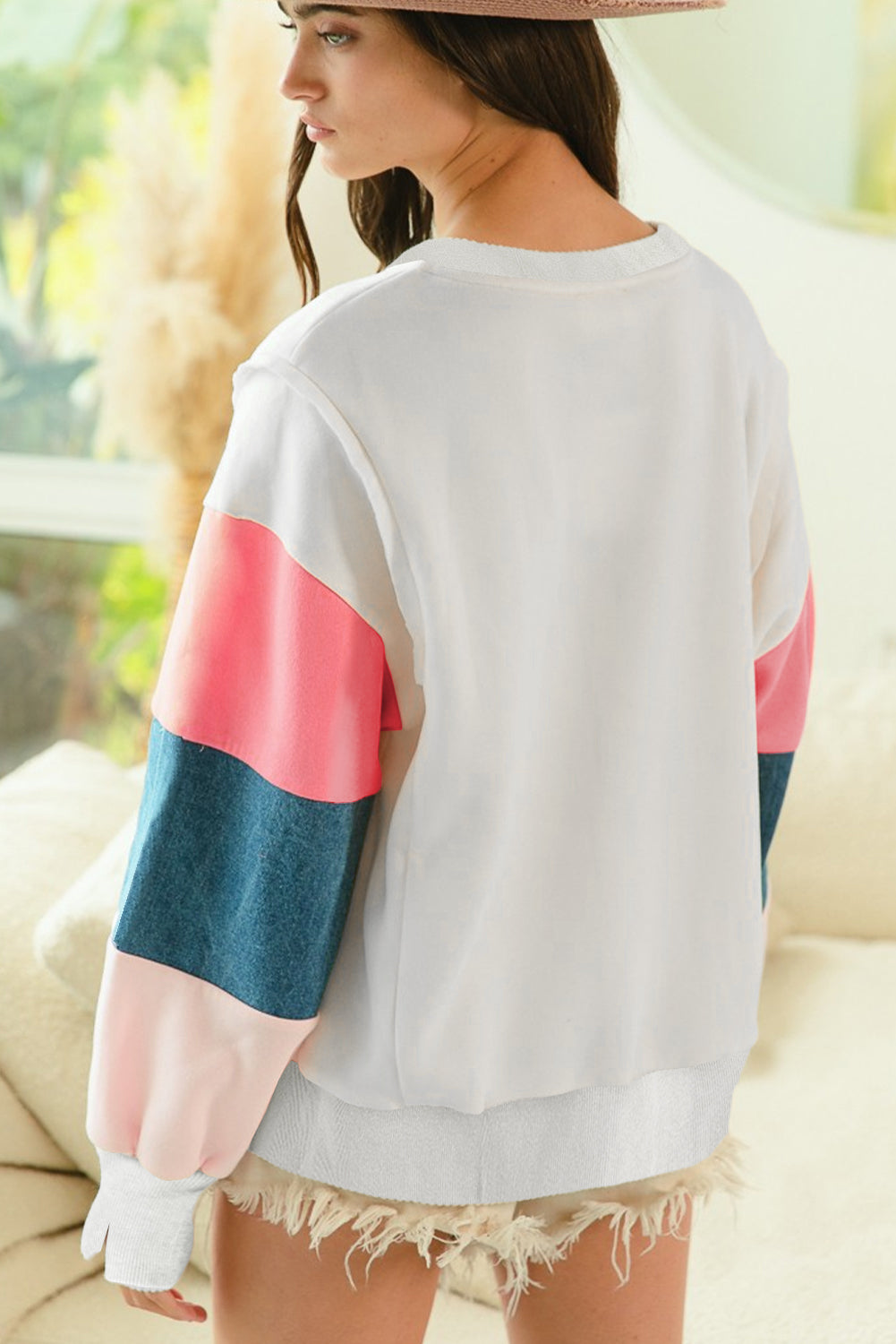 French Terry Colour Block Long Sleeve Top | White