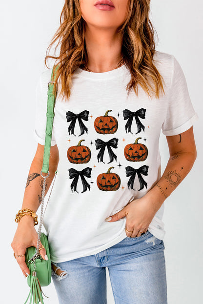 Halloween Pumpkin Face Bowknot Graphic T Shirt | White