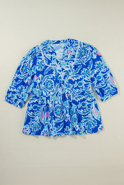 Mix Floral Printed Lace Detail Bracelet Sleeve Blouse | Blue