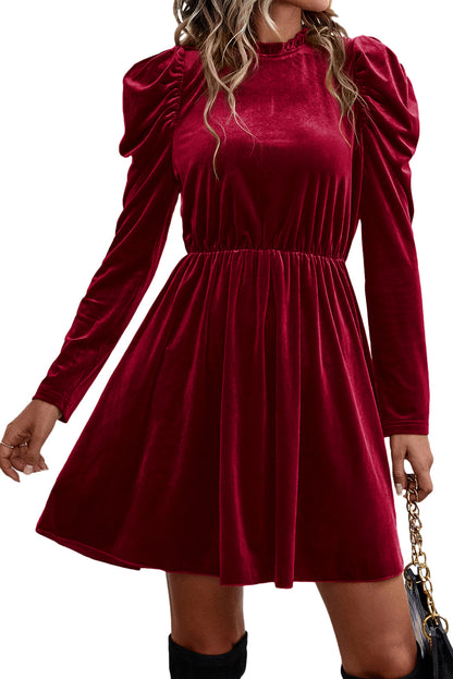 Velvet Frilled Neck Gigot Sleeve Swing Dress | Red Dahlia