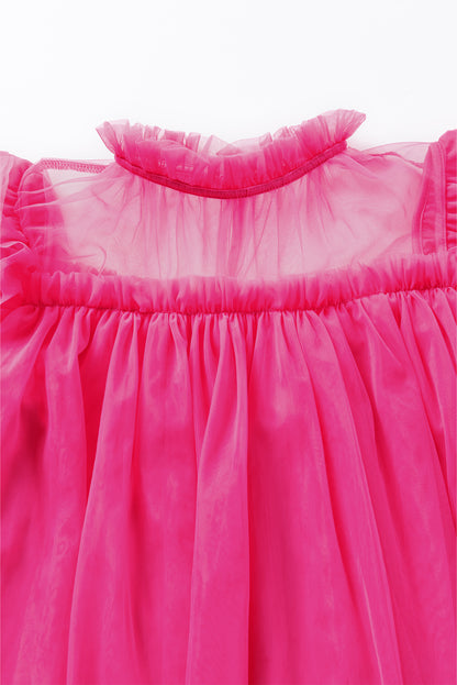 Tulle Ruffle Sleeve Flared Babydoll Blouse | Strawberry Pink