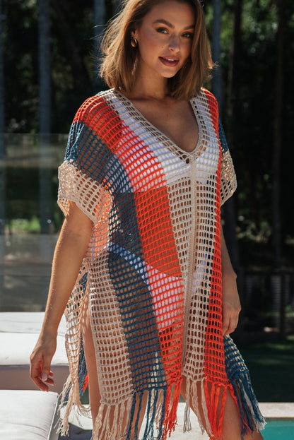 Striped Tassel Crochet V Neck Beach Cover Up | Multicolour