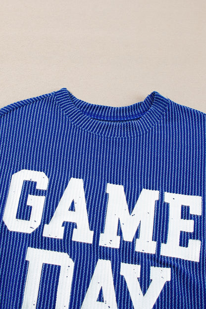 Corded Game Day Graphic Long Sleeve Crewneck Top | Bluing