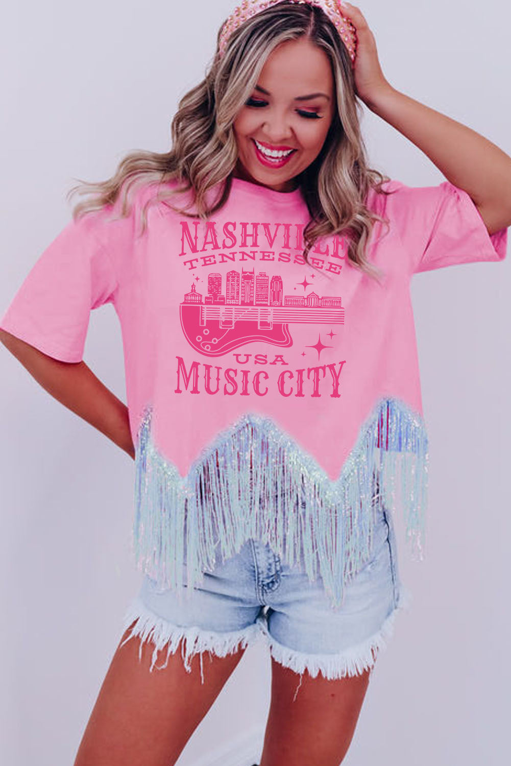 Nashvile Music City Graphic Sequin Fringed Hem Tee | Pink