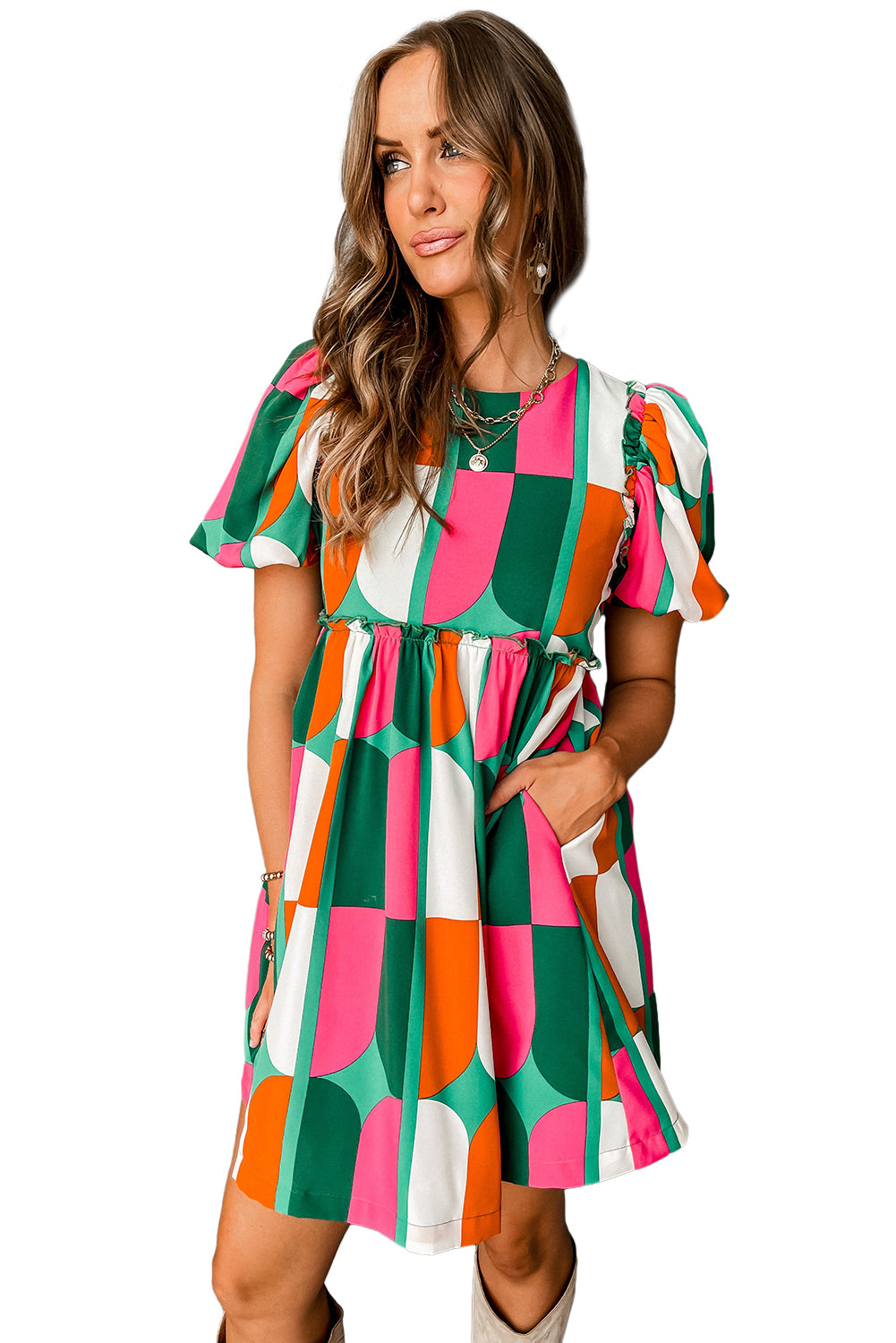 Abstract Print Puff Sleeve Short Dress | Green