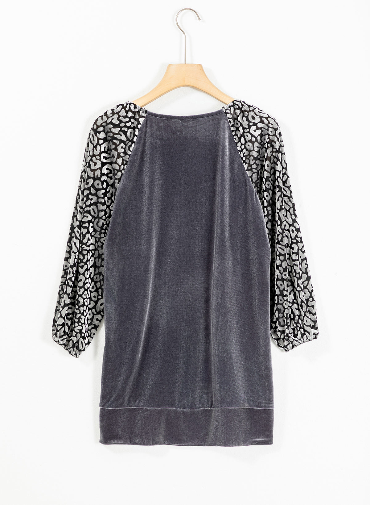 Leopard Splicing Lantern Sleeve Velvet Blouse | Medium Grey