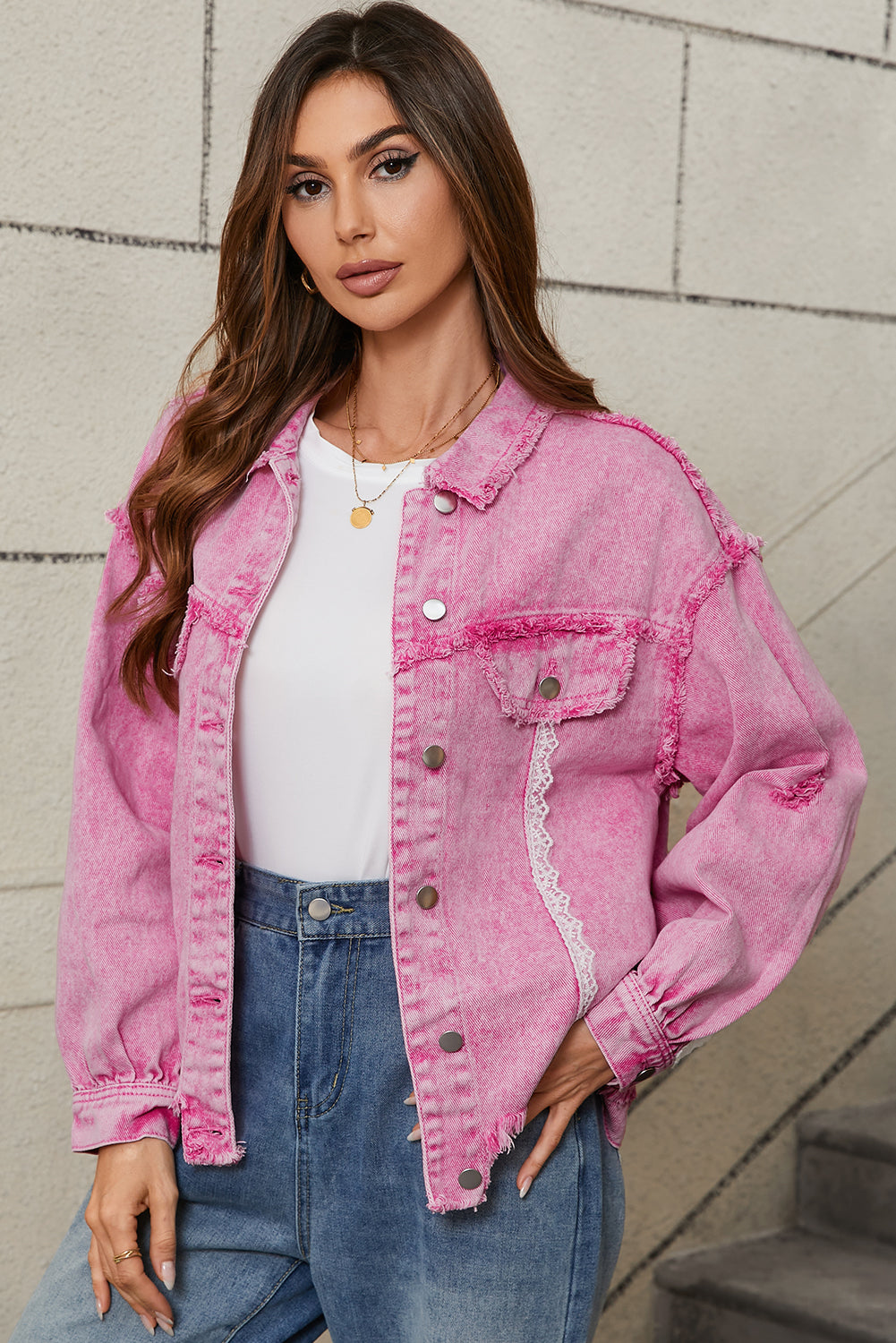 Lace Patchwork Distressed Buttoned Denim Jacket | Pink