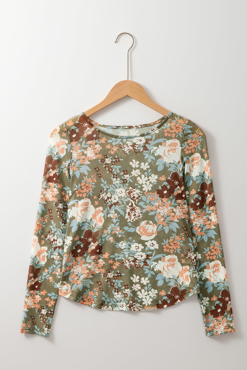 Floral Print Mesh Fitted Long Sleeve Top | Green