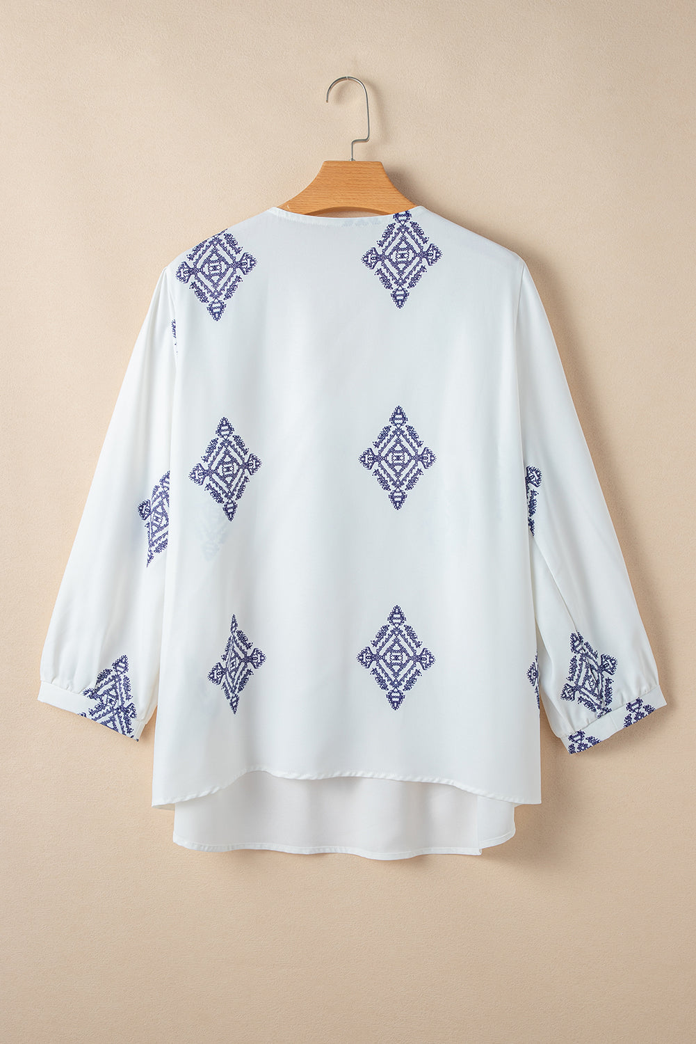 Boho Geometric Print V Neck Bracelet Sleeve Plus Size Blouse | White