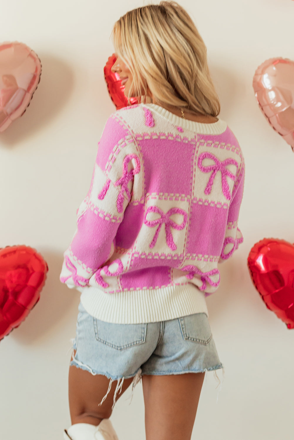 Bow Knot Two Tone Checkered Crew Neck Sweater | Pink