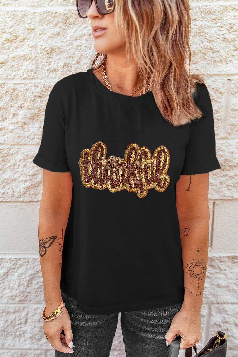 Sequined Thankful Round Neck Graphic Tee | Black