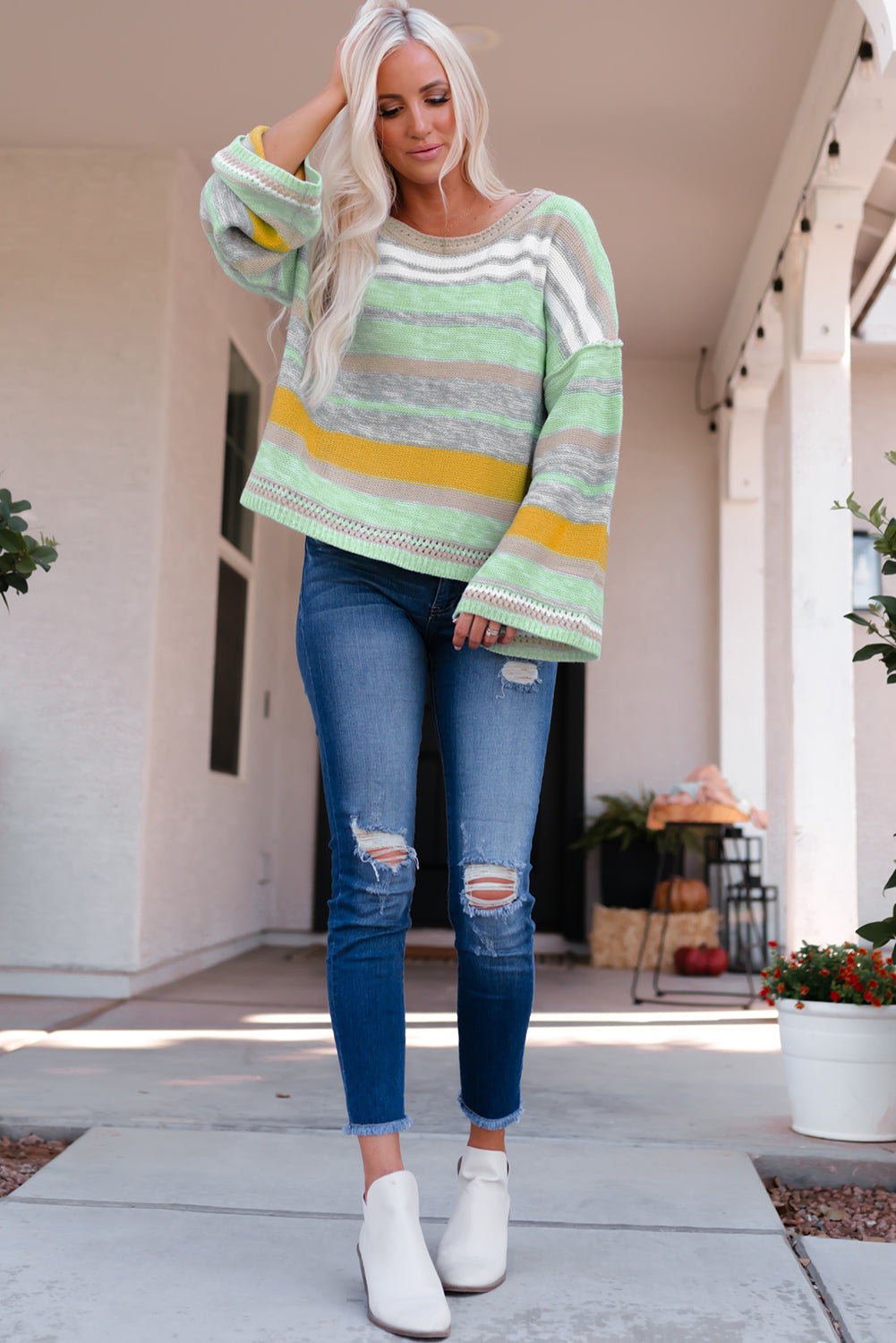 Striped Bell Sleeves Loose Sweater | Green