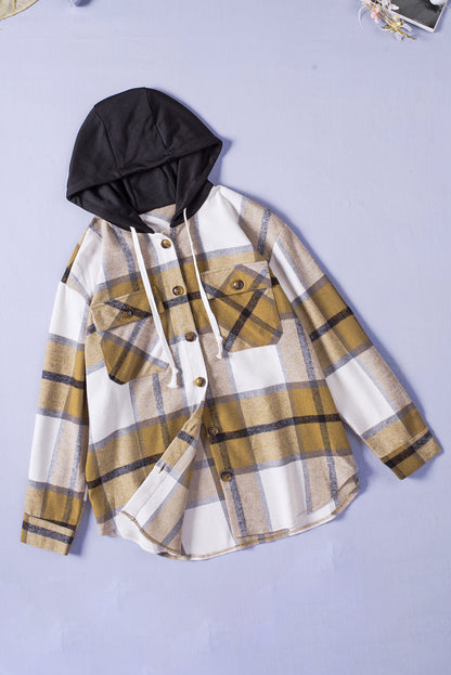 Plaid Button-Up Pocket Hooded Shirt Jacket | White