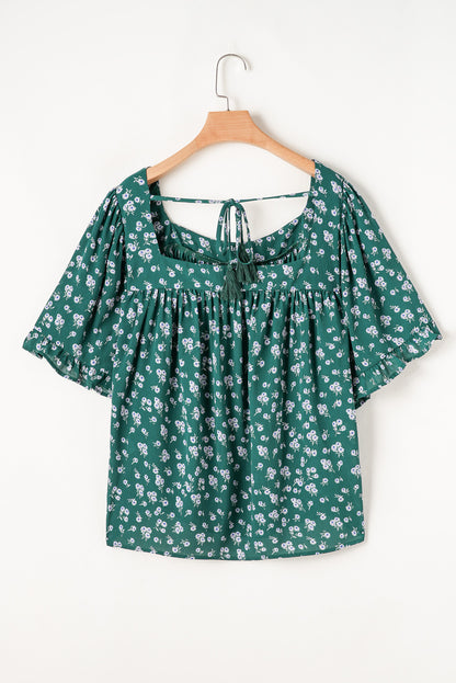 Floral Print Square Neck Ruffled Trim Plus Size Blouse | Green