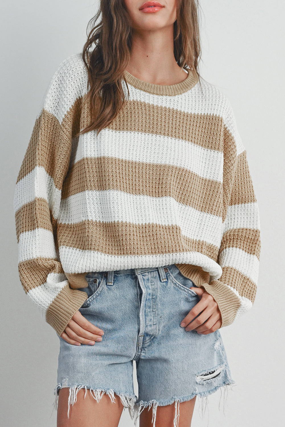 Colourblock Striped Drop Shoulder Side Slit Sweater | Light French Beige