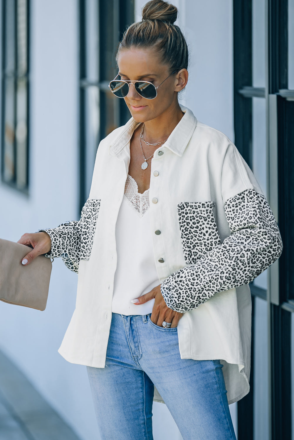 Contrast Leopard Denim Jacket | White