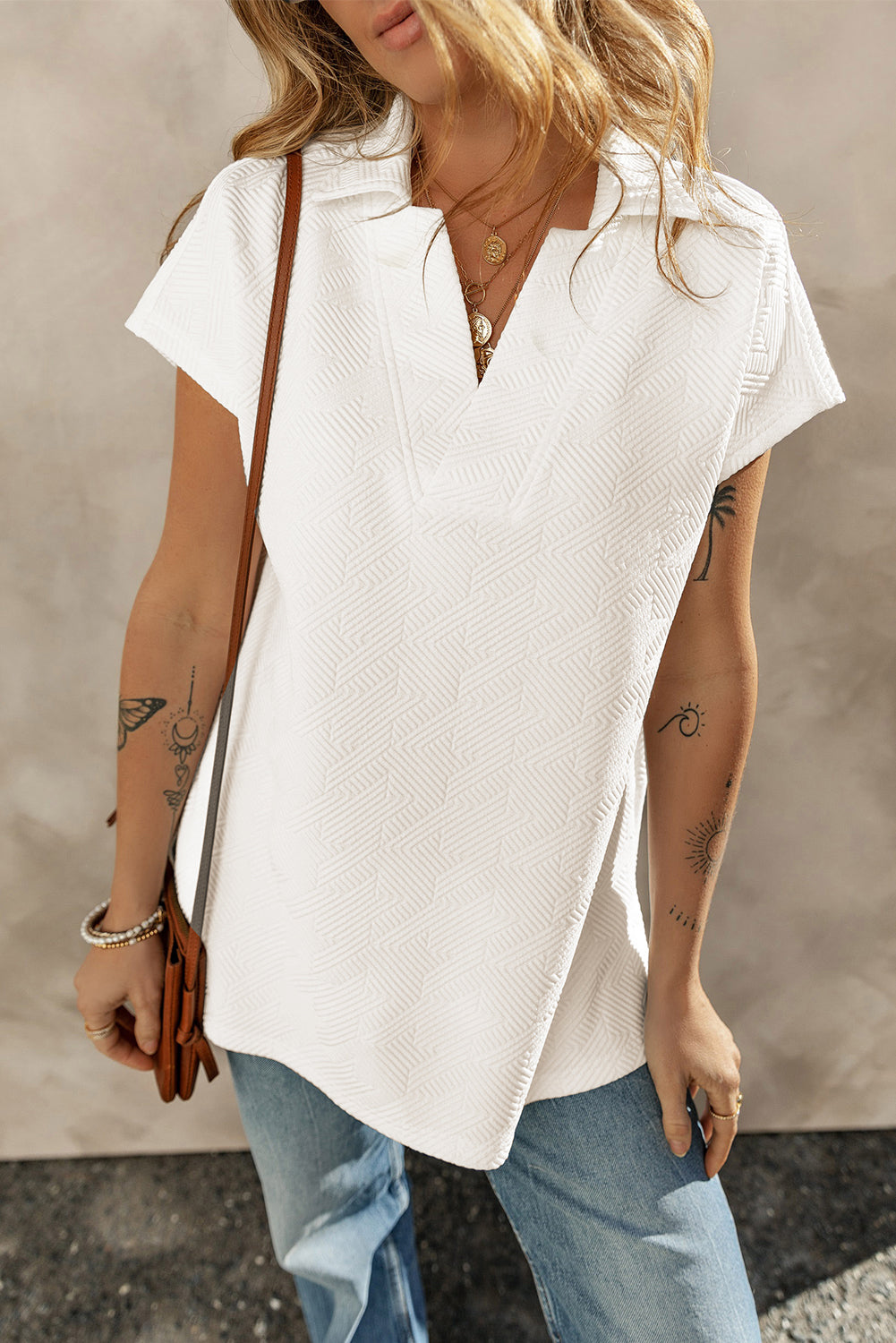 Textured V Neck Collared Short Sleeve Top | White