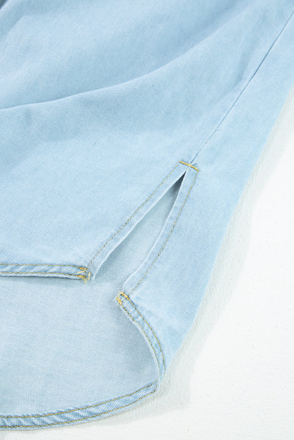 Vintage Light Wash Flap Pockets Rounded Hem Shirt | Mist Blue