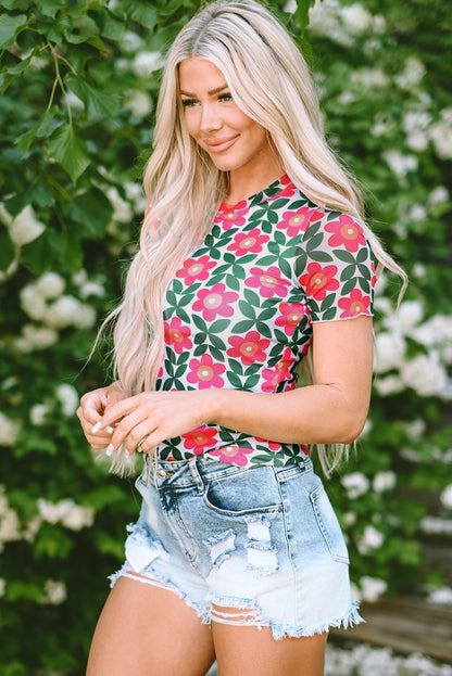 Retro Floral Print Crew Neck T Shirt | Fiery Red