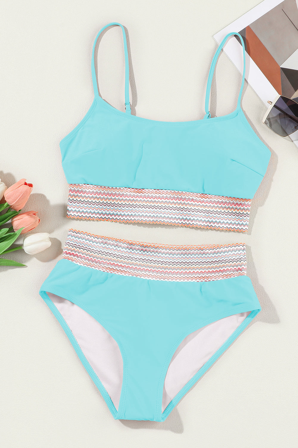 Striped Patchwork Spaghetti Strap High Waist Bikini Swimsuit | Sky Blue