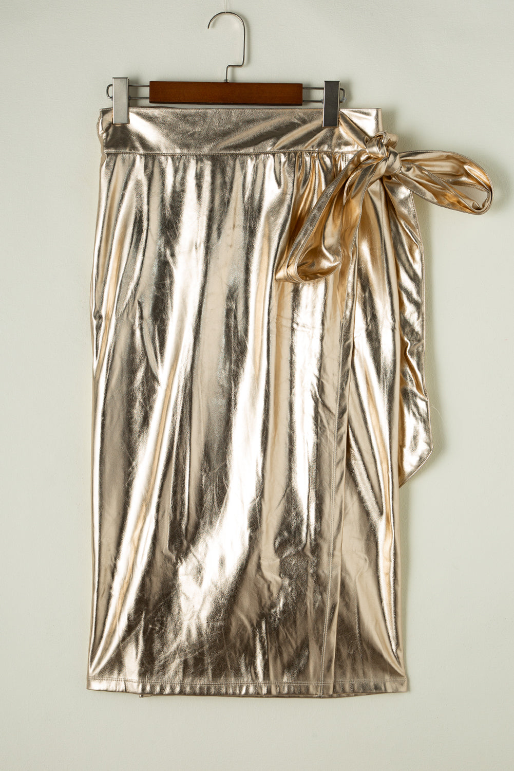 Metallic Leather Knotted Wrap Midi Skirt | Gold