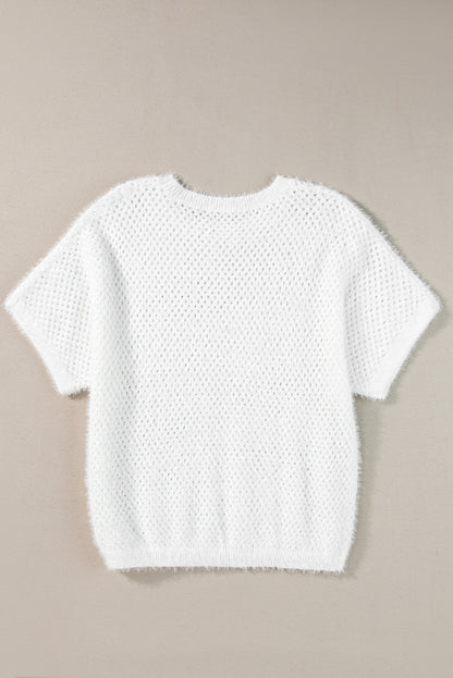 Fuzzy Eyelet Knitted Sweater T-Shirt | White