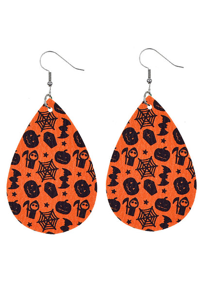 Halloween Pumpkin Spider Web Bat Print Drop Earring | Orange