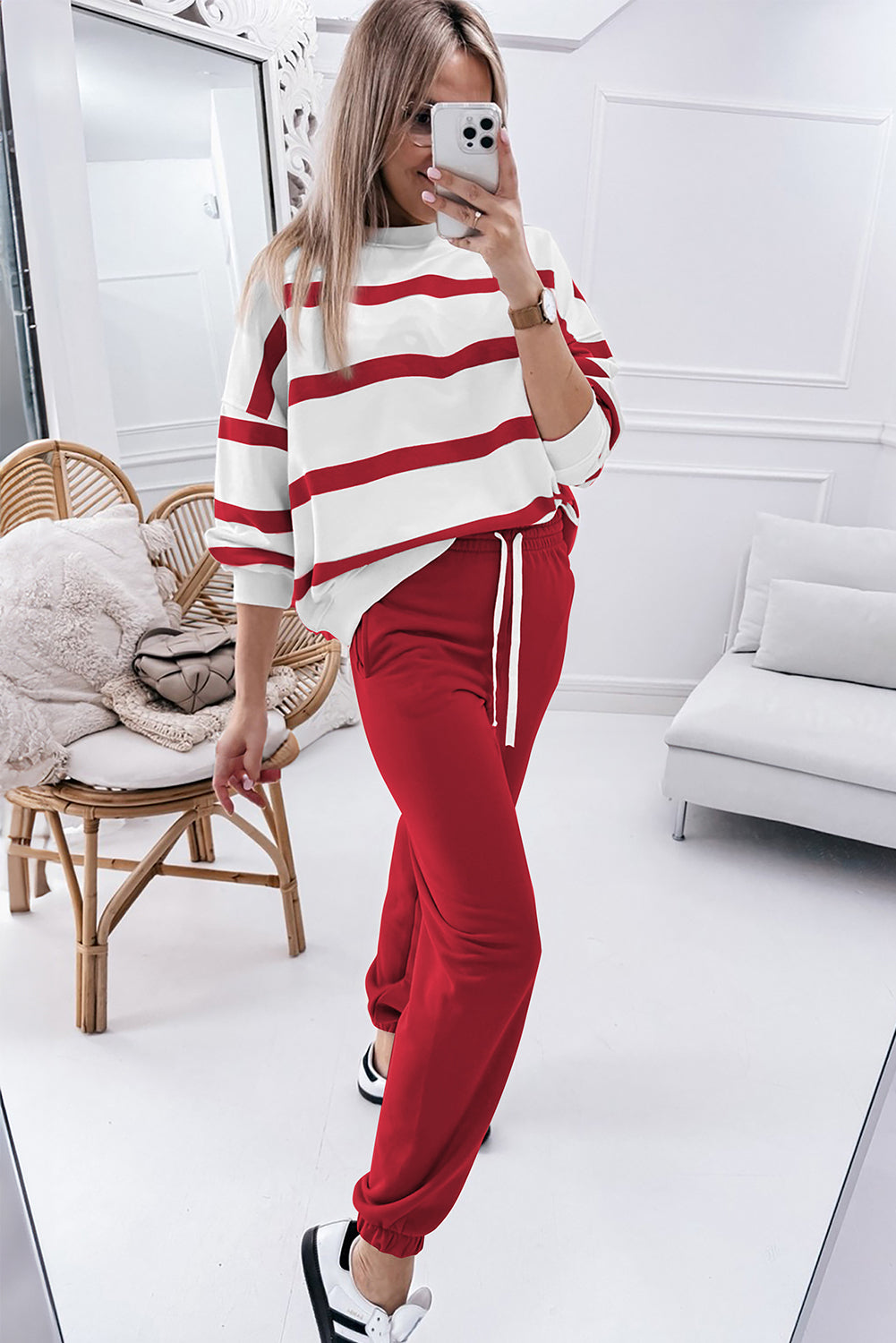 Drop Shoulder Pullover And Jogger Pants Set | Red Stripe