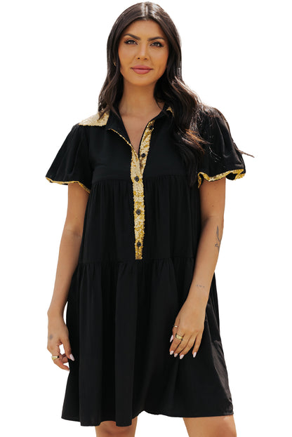 Sequin Trim Bubble Sleeve Game Day Shirt Dress | Black