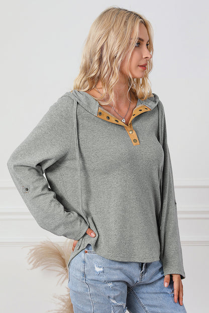 Quarter Buttoned Drawstring Pullover Hoodie | Gray