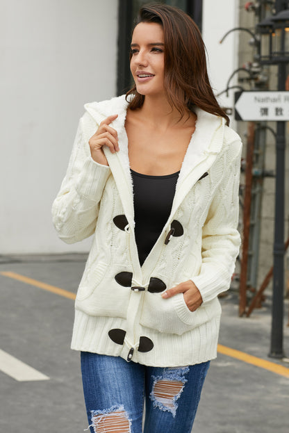 Fur Hood Horn Button Sweater Cardigan | White