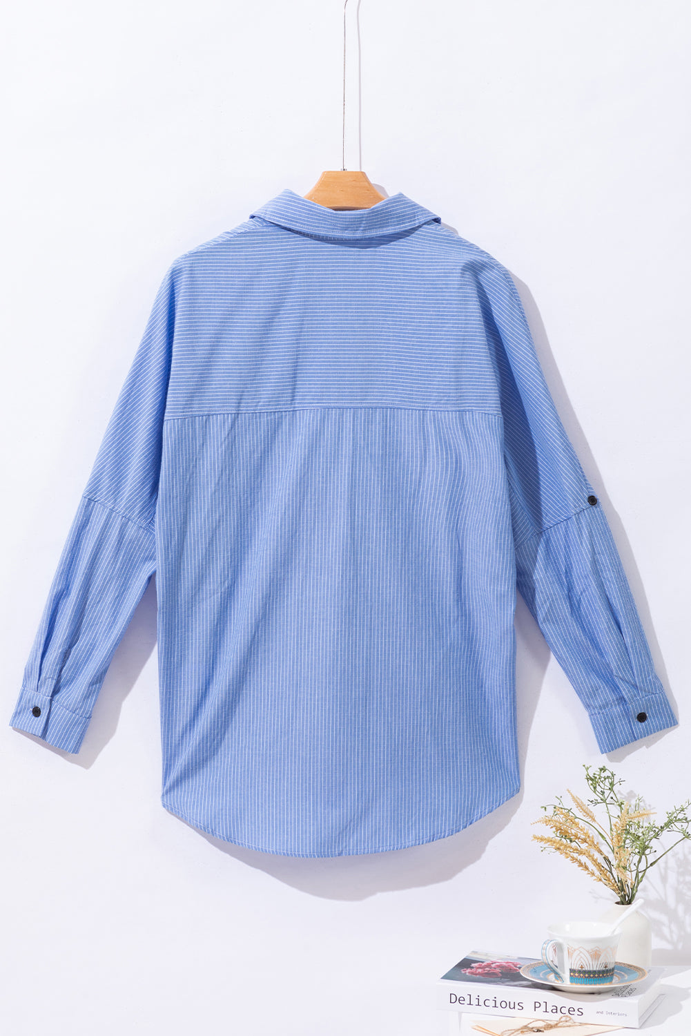 Roll-Tab Sleeve Pocketed Long Shirt | Sky Blue Stripe