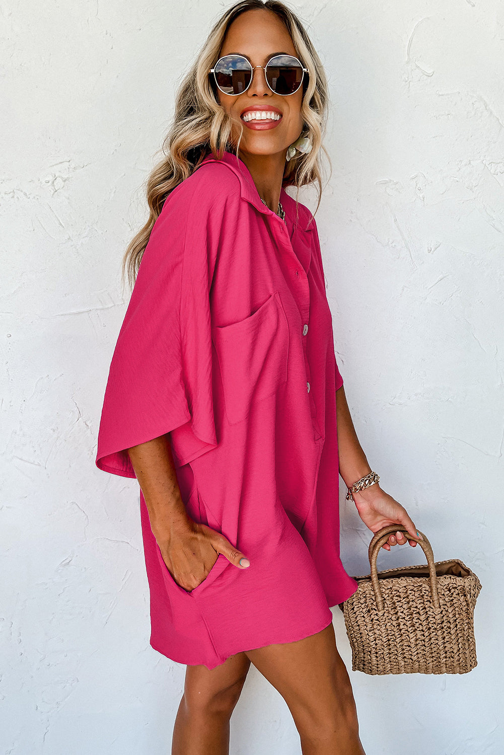 Half Button Collared Loose Romper | Bright Pink