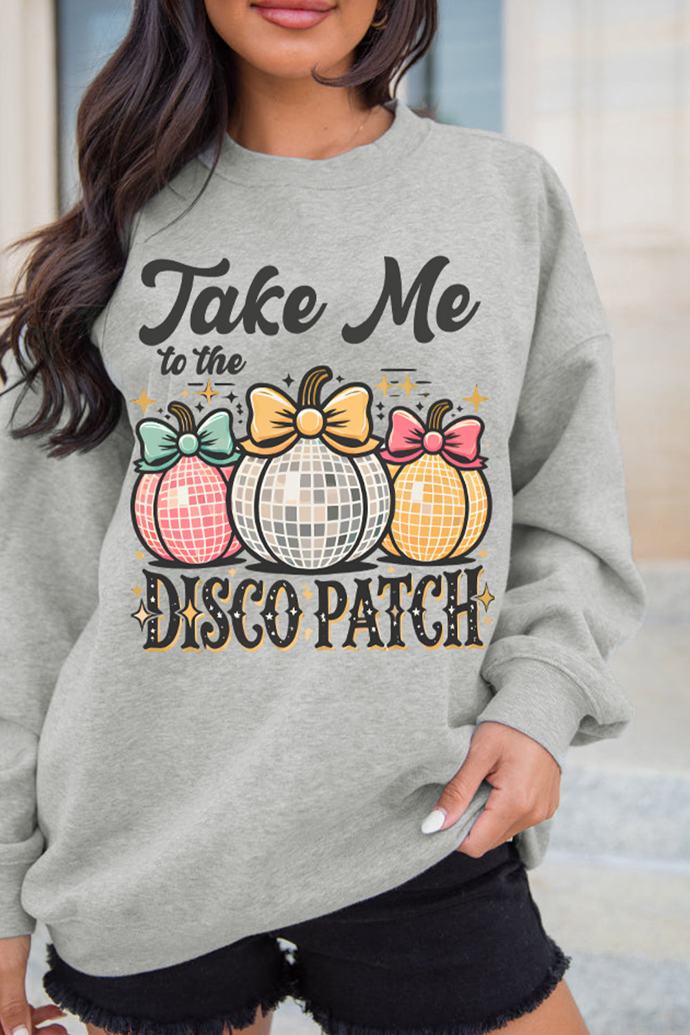 Disco Ball Bowknot Pumpkin Graphic Crewneck Sweatshirt | Gray