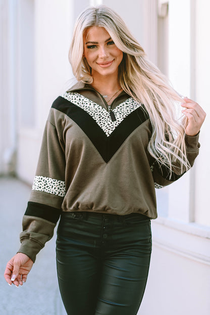 Leopard Contrast Splicing Quarter Zip Sweatshirt | Green