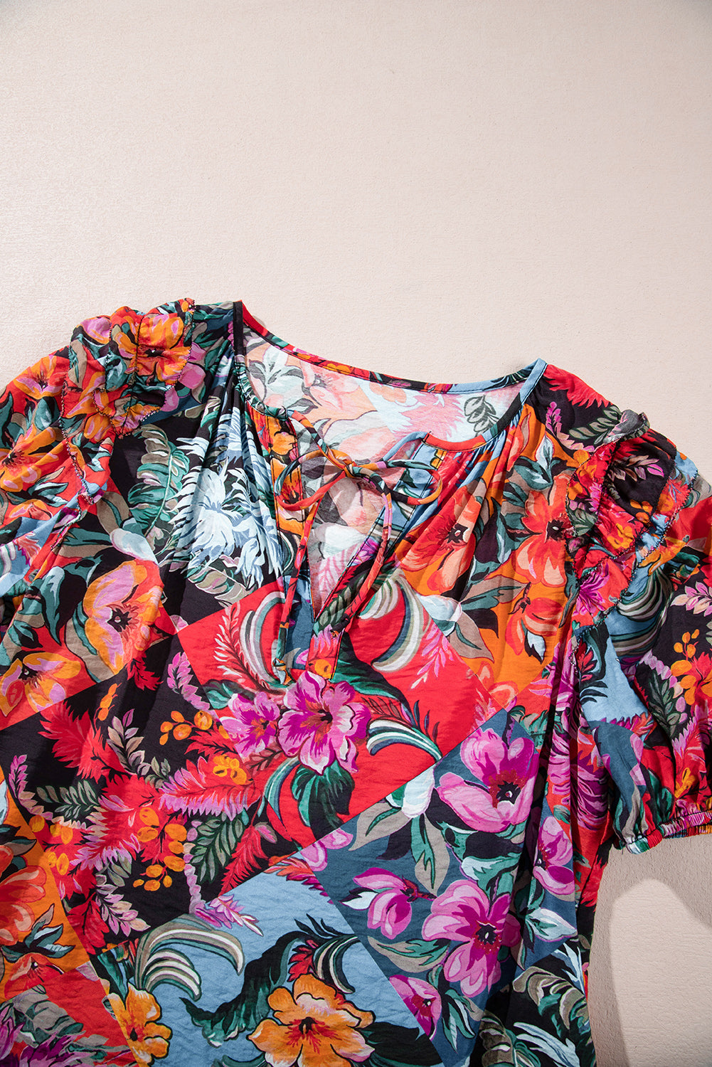 Floral Print Ruffle Trim Bubble Sleeve Split Neck Blouse | Multicolour