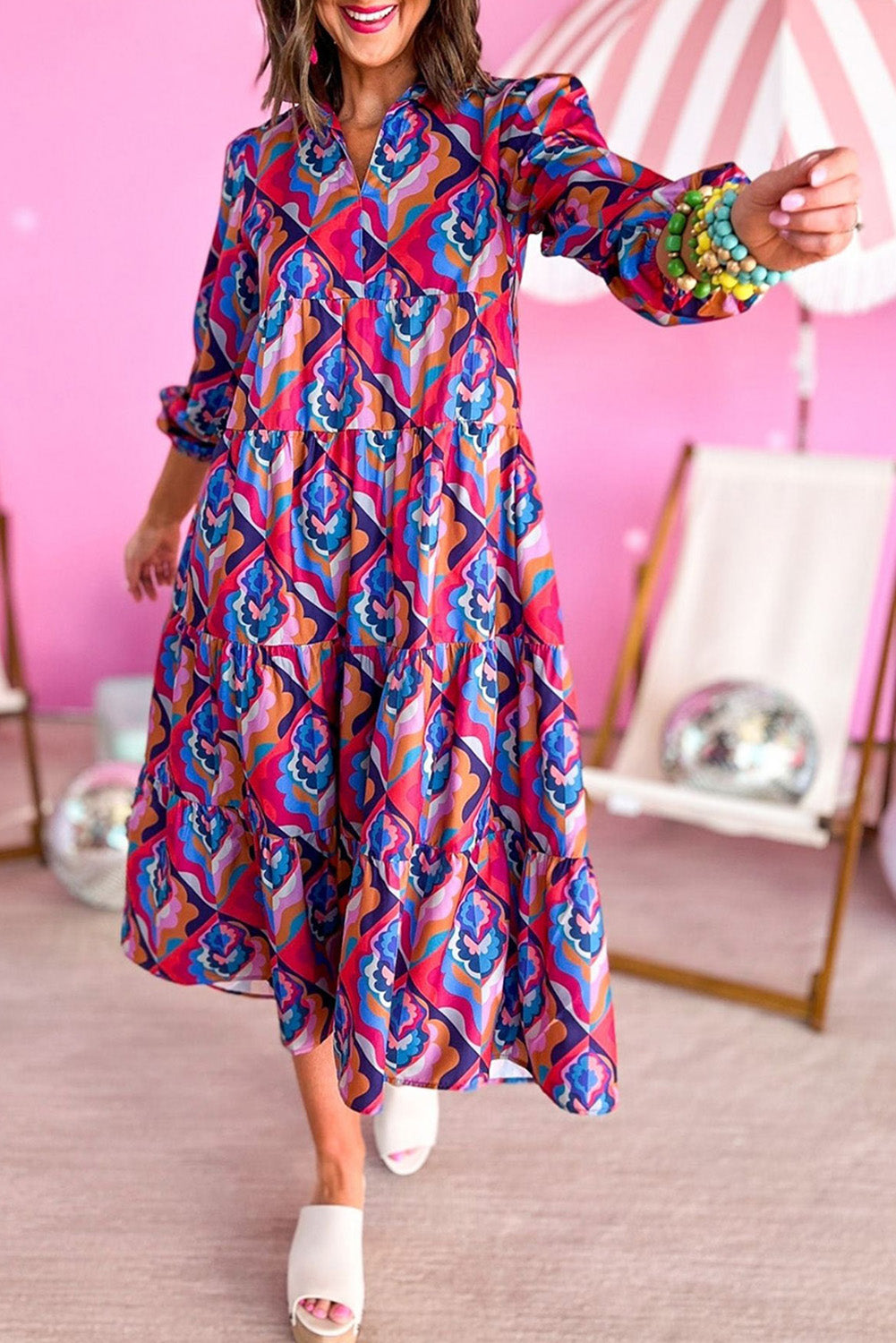 Abstract Geometric Print Long Sleeve High Waist Dress | Multicolour