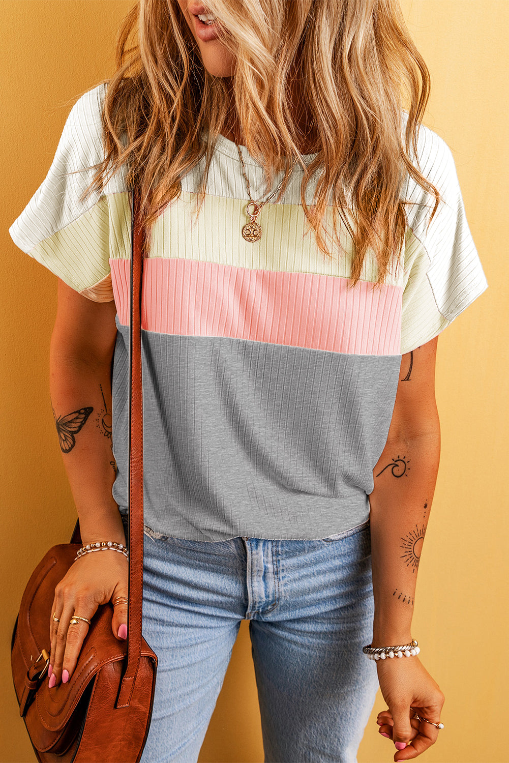 Ribbed Colour Block Patchwork T-Shirt | Gray