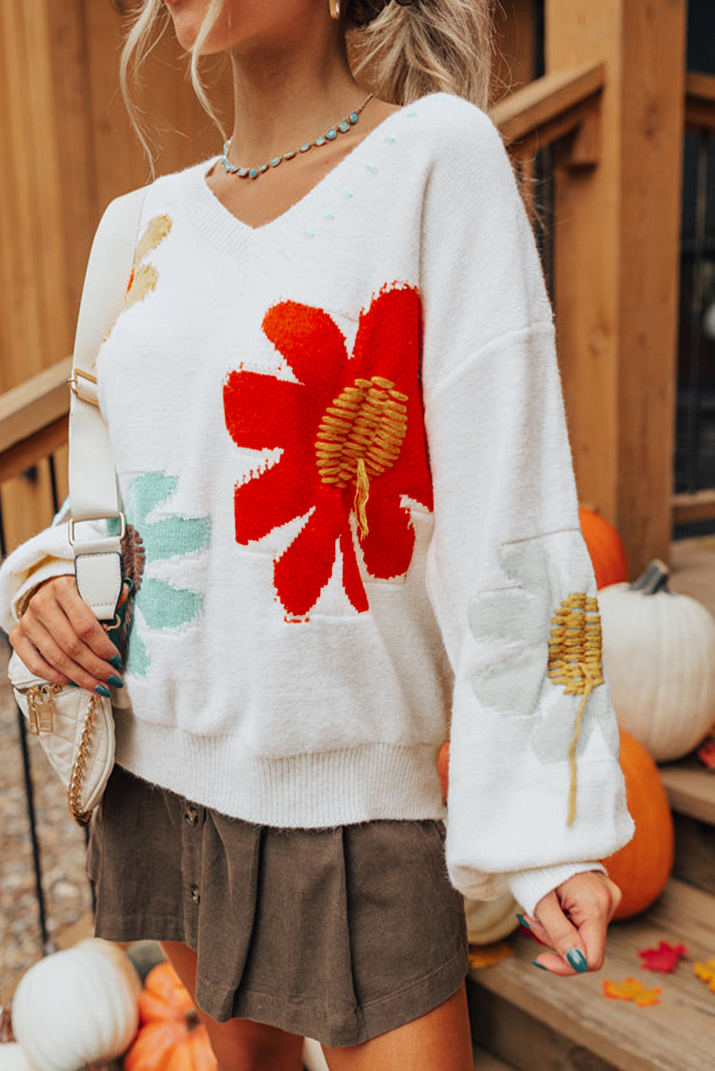 Big Flower Pattern V Neck Drop Shoulder Sweater | White