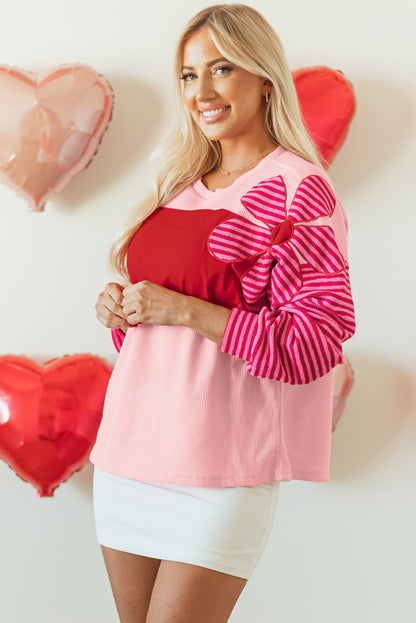 Floral Patch Colour Block Striped Sleeve Textured Top | Pink