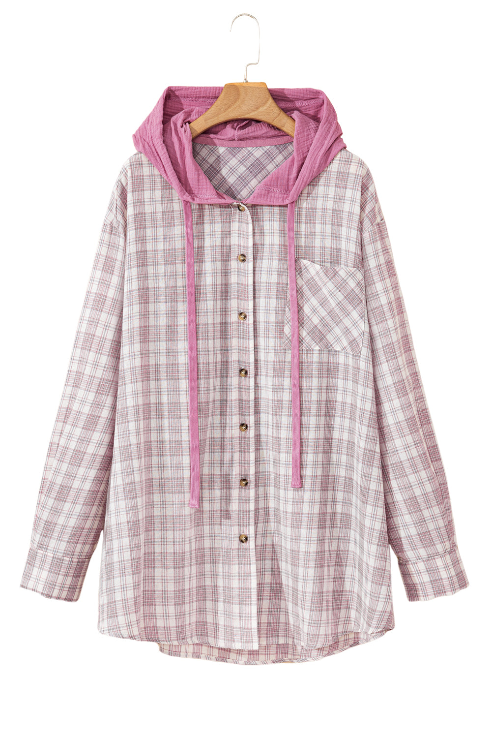 Plaid Print Drawstring Hooded Button-Up Plus Size Shirt | Bonbon