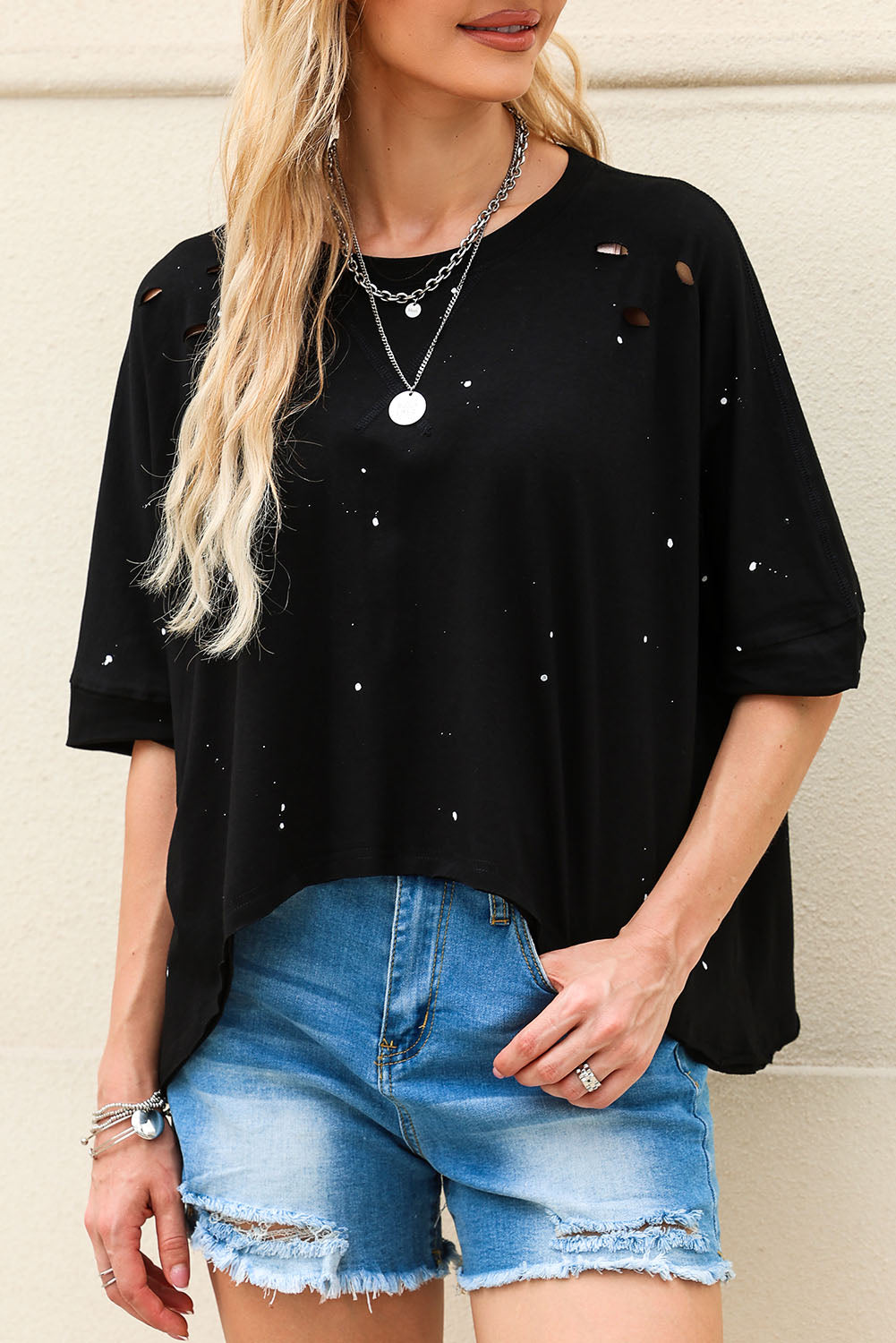 Distressed Bleached Asymmetric Hem Short Sleeve Top | Black