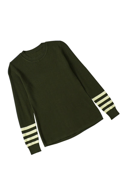 Striped Sleeve Plain Knit Sweater | Green