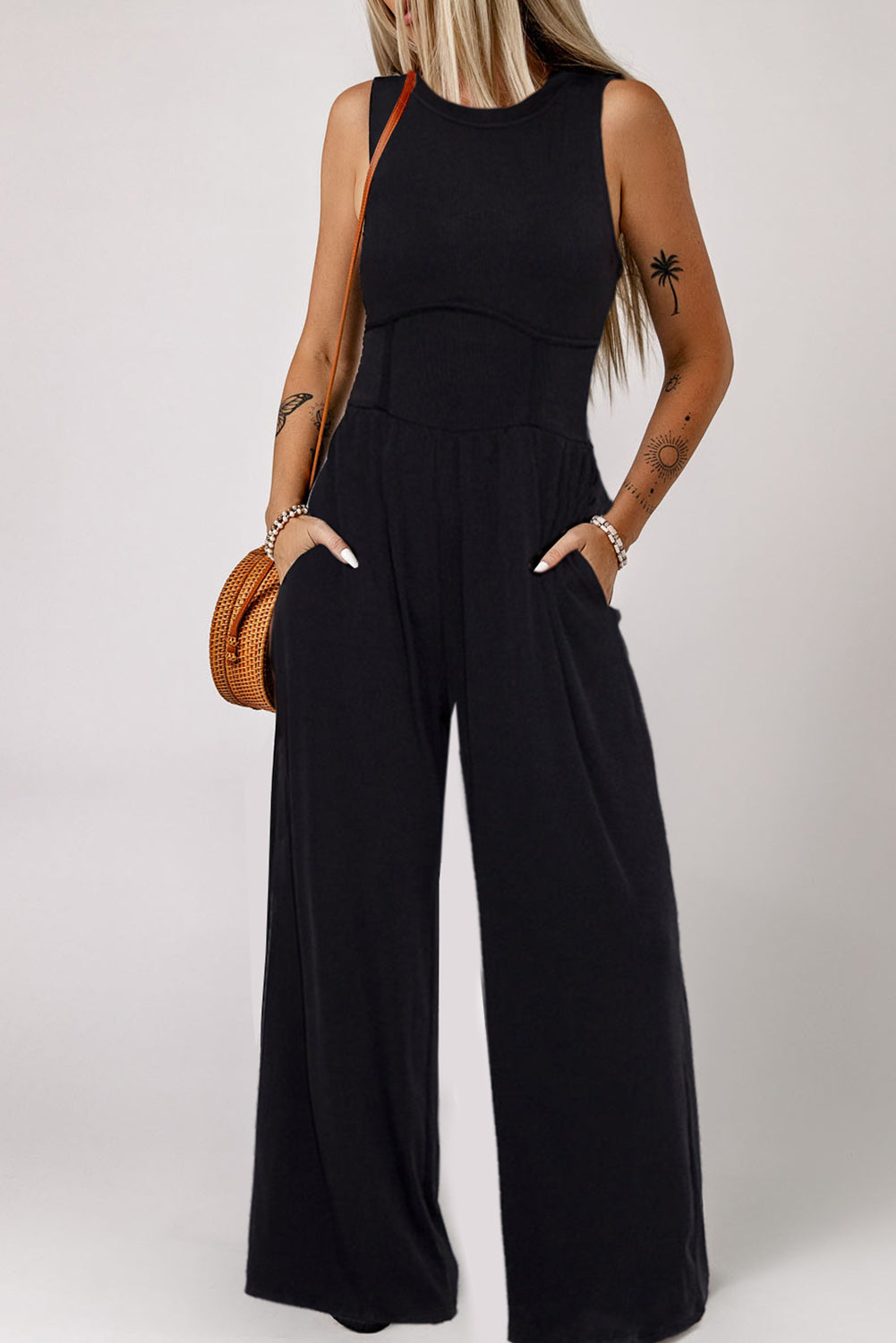 Cinched Waist Sleeveless Wide Leg Jumpsuit | Black