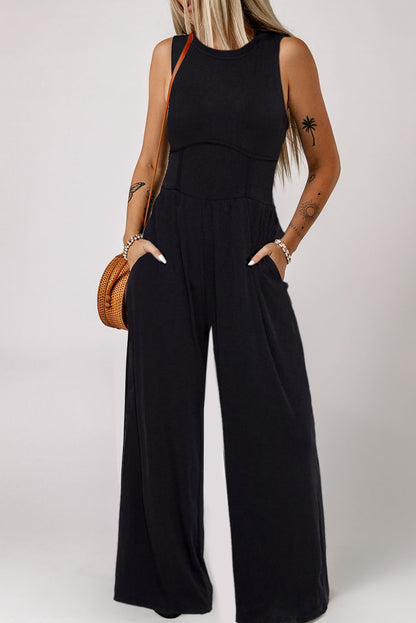 Cinched Waist Sleeveless Wide Leg Jumpsuit | Black